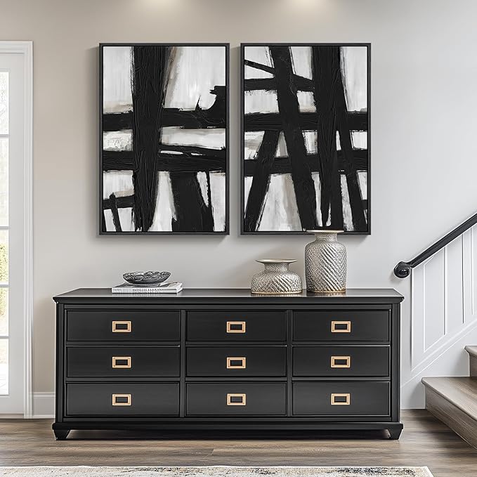 Large Framed Black and White Abstract Wall Art for Living Room, 2 Piece Modern Canvas Prints Wall Paintings Artwork for Walls, Minimalist Black Lines Pictures for Hallway Office Wall Decor 24x36 In