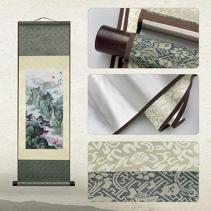 AtfArt 4 Pack Asian Wall Decor Silk Scroll Wall Art - Waterfall River Landscape - Beautiful Oriental Decor - Chinese Art Wall Scroll Hanging (4 Pack)