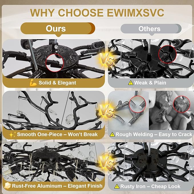 Large Modern Farmhouse Crystal Chandelier, 63" Black Tree Branch Chandelier Antique Vintage Chandeliers for Dining Room 16-Light High Ceiling Chandeliers Dining Room Light Fixture