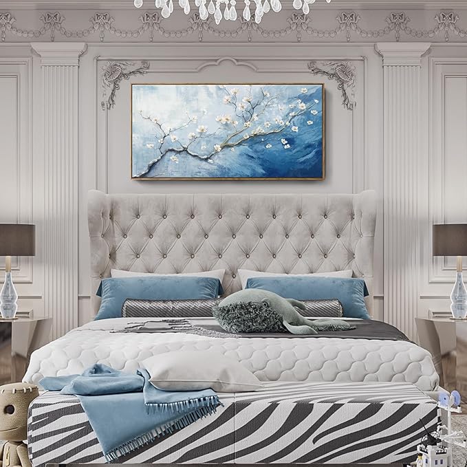 Nicetop Framed Wall Art for Living Room - Large Plum Blossom Canvas Art Prints with Wood Frame - Blue and White Artwork Abstract Ocean Wall Picture Bedroom Office Dining Room Coastal Decor 48x24 Inch