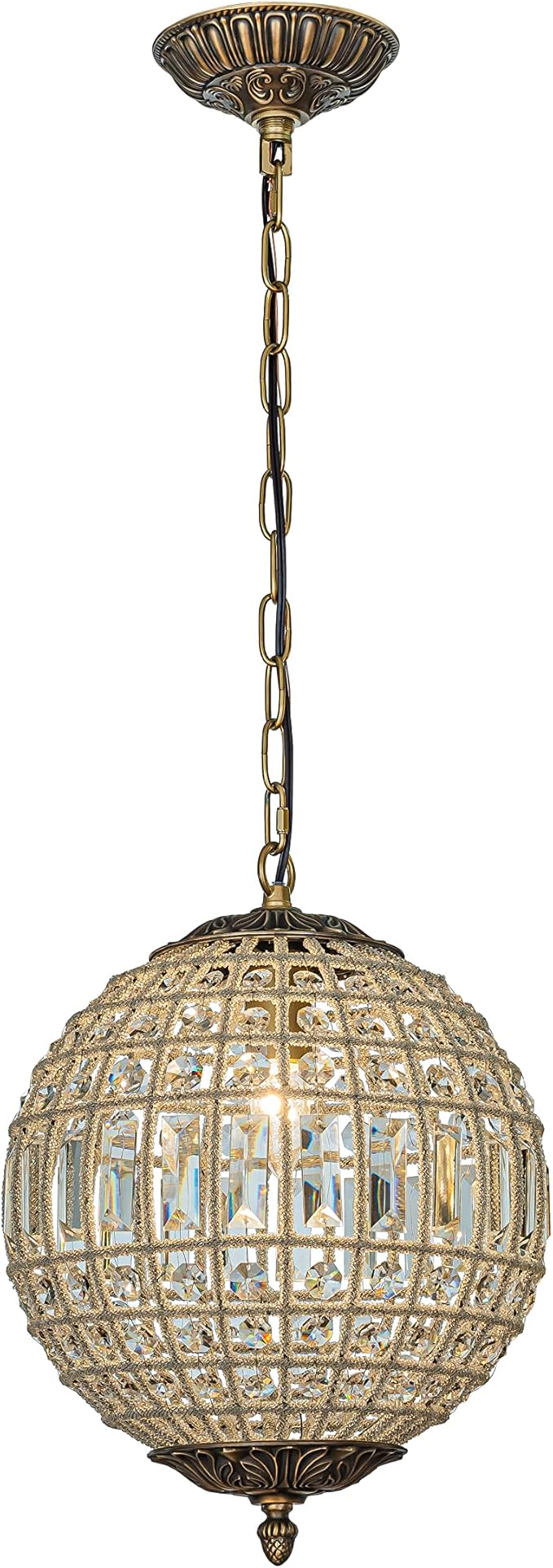 ALOADECOR 1-Light 12" Vintage and Glam Antique Gold Globe Clear Crystal Chandelier Ornate Sphere Pendant Light Retro Cage-Style Shade Chandeliers with Clear Glass Bead for Kitchen Island