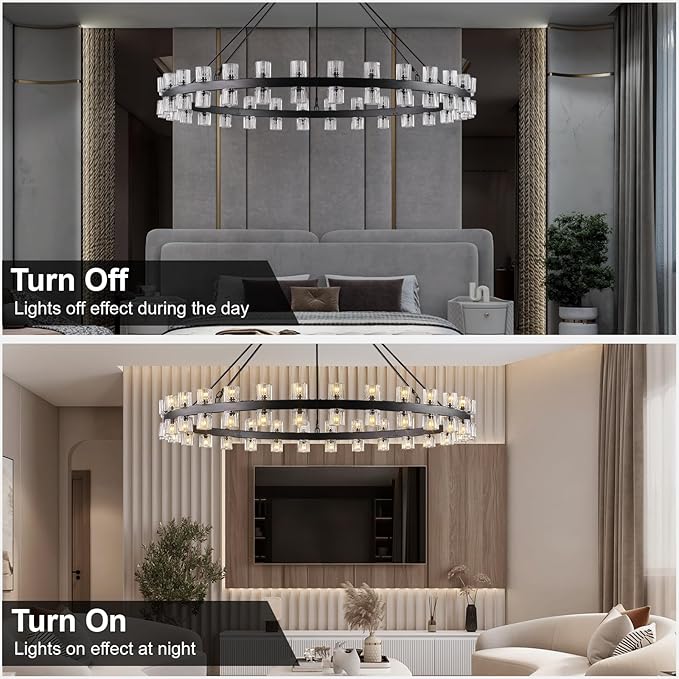 60 Inch Black Wagon Wheel Chandelier with Crystal Shade, 60 Lights, Modern Farmhouse Style, Ideal for Dining Room, Kitchen, Entryways