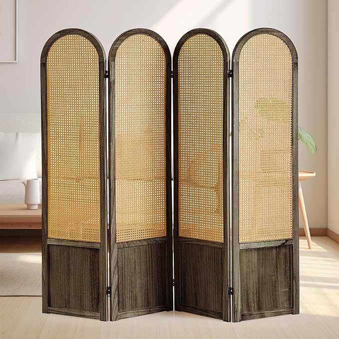 4 Panel Room Divider Wall, Folding Privacy Screen, Foldable Wood Divider Room Dec, Rattan Room Divider, Portable Partition Screen, Wall Divider for Room Separation Home Office (Brown)