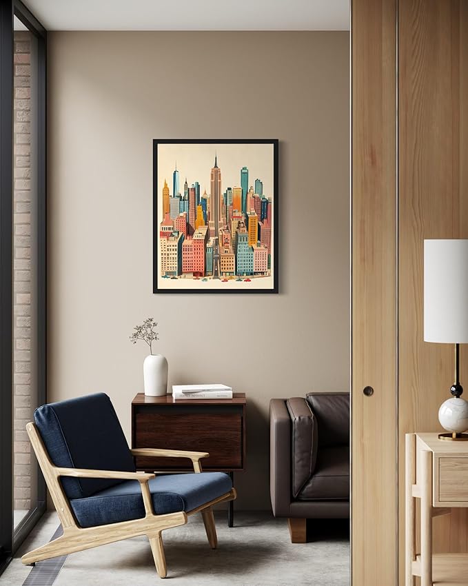 New York Wall Art Poster Print, Vintage Retro Landscape Scenery Painting Artwork Travel Prints Decor Cityscape Landmarks Gallery 27 (New York, 18 x 24 inches, Black Frame)