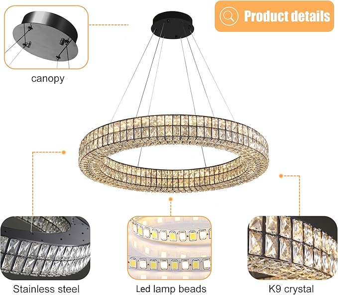 Modern Led Ring Chandeliers Dimmable Crystal Chandelier for Living Room Dining Room Ring Pendant Light Adjustable 24 inch Black