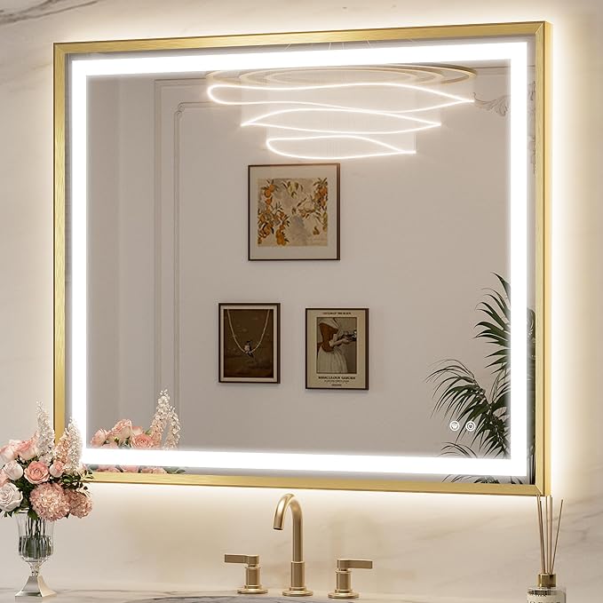 Keonjinn 42 x 36 Inch Gold LED Mirror for Bathroom, Frontlit & Backlit Bathroom Vanity Mirror with Lights, HD Tempered Glass, Beveled Framed, 3 Color Temperature, Anti-fog, Dimmable, Plug-in/Hardwired