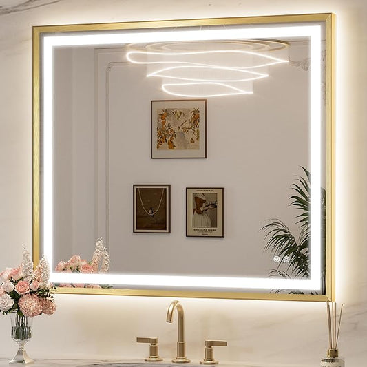 Keonjinn 42 x 36 Inch Gold LED Mirror for Bathroom, Frontlit & Backlit Bathroom Vanity Mirror with Lights, HD Tempered Glass, Beveled Framed, 3 Color Temperature, Anti-fog, Dimmable, Plug-in/Hardwired