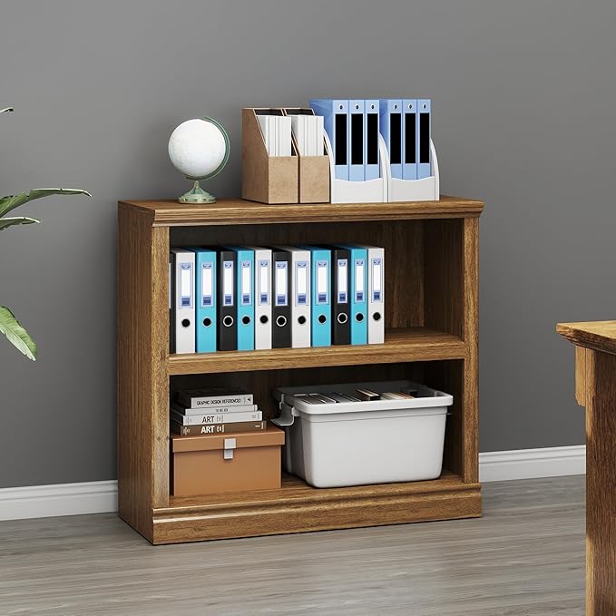 Bookcase, 2 Tiers S Bookshelf Open Storage Organization, Floor Standing Indoor Furniture Book Case for Library Office Living Room Bedroom, Vintage Oak - 2 Tier