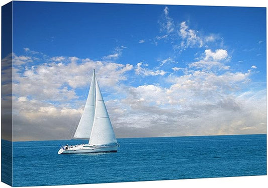 Canvas Prints Wall Art - Beautiful Seascape White Sail Boat on The Blue Calm Sea | Modern Wall Decoration Stretched Gallery Canvas Wrap Giclee Print & Ready to Hang - 32" x 48"