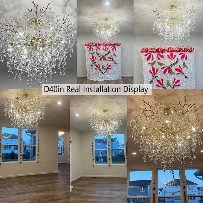 40 inch Crystal Chandelier for Dining Room, Round Gold Tree Branches Chandeliers, Top K9 Crystal Chandelier, Modern Chandeliers for Kitchen,Foyer Entryway