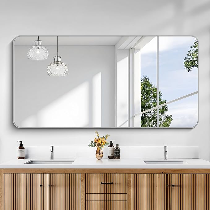 KOCUUY Silver Bathroom Mirror, 60x30 Inch Large Bathroom Mirror for Over Sink, HD Tempered Glass, Anti-Rust Brushed Silver Frame, Rounded Corner Modern Design for Bathroom, Hang Horizontal/Vertical