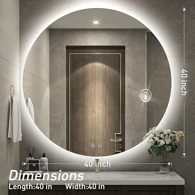 40 Inch Round LED Bathroom Mirror - 6000K Daylight Backlit, Anti-Fog & Dimmable, Frameless Waterproof Mirror with Touch Control, CRI90+, IP54 for Vanity & Makeup