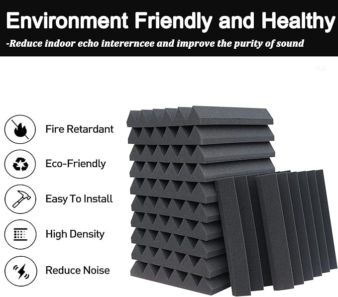 12-Pack Acoustic Panels, 2" x 12" x 12" Sound Proof Foam Panels for Wall,Fireproof Soundproofing Wedges,Noise Canceling Sound Absorbing Foam for Studio Recording, Home Office(Black)