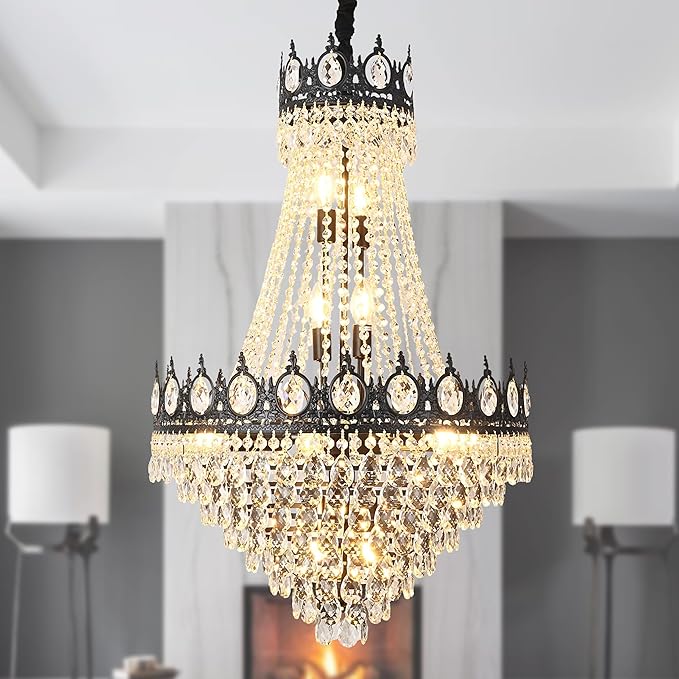 KoKo&Yukina Black 23.6" French Empire Crystal Chandelier - 14 Lights K9 Modern Farmhouse Adjustable Hanging Light for Living Room, Dining Room, Bedroom