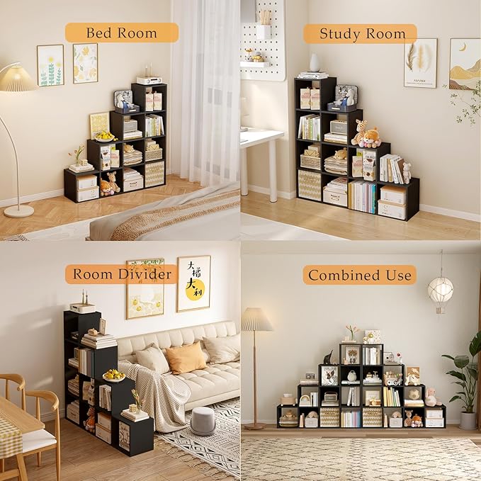 Ladder Cube Storage Bookcase - Wooden L-Shaped 4-Tier Corner Shelf, Reversible 10-Cube Organizer for Home & Office, Black