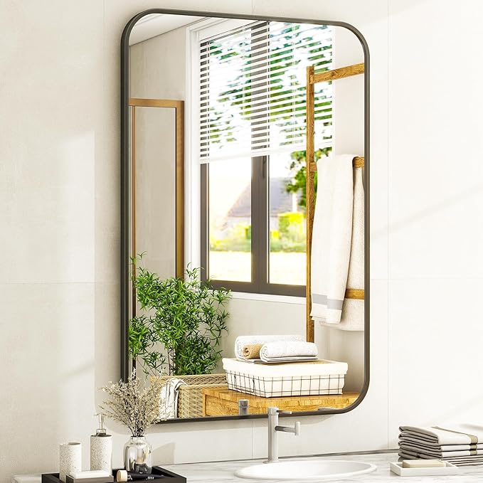 20 x 28 Inch Bathroom Mirror, Rounded Rectangular Vanity Mirror for Wall, Modern Mirror for Room Decor, Black Framed Wall-Mounted Mirrors for Home Decor, Hangs Horizontally or Vertically