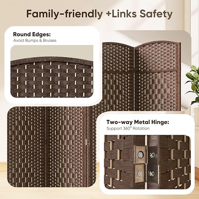 JOSTYLE Room Divider 6ft. Tall Extra Wide Privacy Screen, Folding Privacy Screens with Diamond Double-Weave Room dividers and Freestanding Room Dividers Privacy Screens(Brown, 6-Panel)