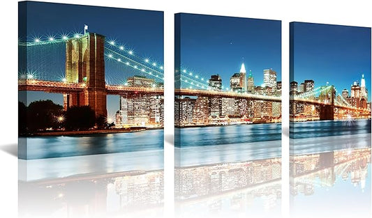 NAN Wind 3PCS Brooklyn Bridge Canvas Art Illuminated NYC Skyline with City Lights Wall Decor Modern Manhattan Night View Panoramic Prints Contemporary Water Reflection Canvas Set for Living Room