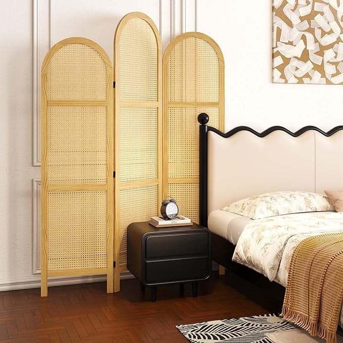 3-Panel Hand-Woven Rattan Room Divider, Tall Foldable Privacy Screen with Wooden Frame - Freestanding Portable Partition for Home Office, Bedroom, Bathroom(Natural-Wave)