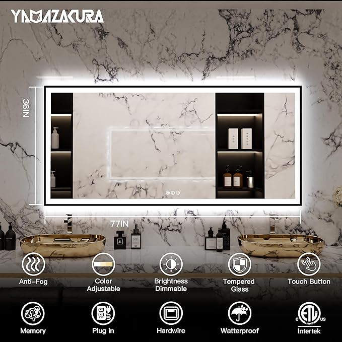 77x36 Large Light Bathroom Mirror - Backlit and Front Lighted LED Wall-Mounted Vanity Mirror Modern Rectangle Black Mirror, Dimmable, Anti-Fog, Memory, Shatterproof, ETL Listed (Horizontal/Vertical)