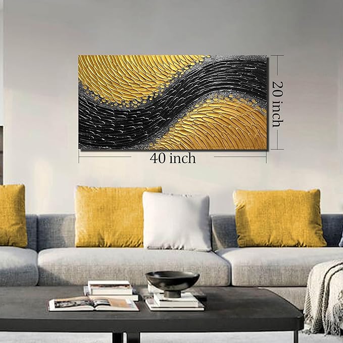 Abstract Painting Wall Art for Living Room Black and Gold Wall Art for Office 3D Textured Canvas Wall Decor for Bedroom Size 20 x 40 Inch