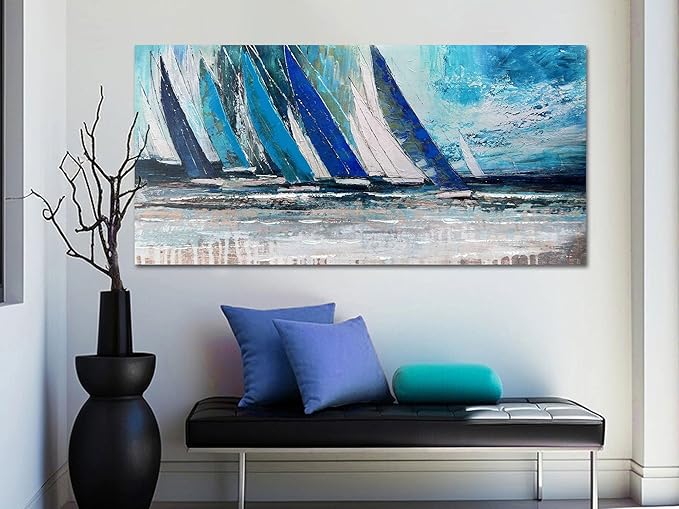Arjun Blue Abstract Wall Art Canvas for Living Room Teal Ocean Sailboat Textured Bedroom Picture Modern Turquoise Coastal Nautical Painting Large Framed Artwork Home Office Wall Decor, 40"x20"