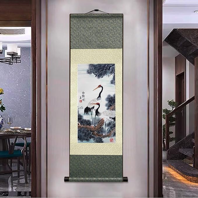 AtfArt Asian Wall Silk Scrolls Decor Beautiful Painting White Crane - Red Crowned Crane - Grus Japonensis Oriental Decor Chinese Art Wall Scroll Wall Hanging Painting Scroll (36.2x 12 in)