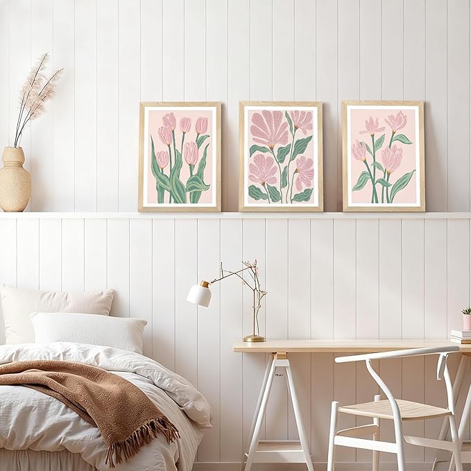 JLTULT 3 Piece Pink Abstract Tulips Floral Wall Art, Boho Green Botanical Wall Decor, Modern Flowers Paintings Art Prints for Living Room Bedroom Home Farmhouse Office12x16 Framed inch Ready to Hang