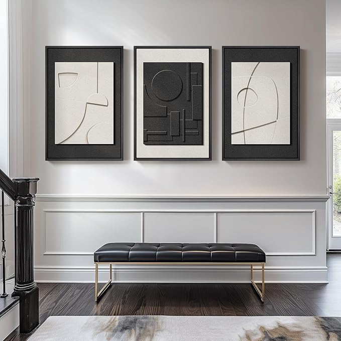 Large 3D Textured Framed Black and White Abstract Wall Art for Living Room, 3 Piece Modern Artwork for Walls, Black White Minimalist Geometric Paintings for Hallway Office Wall Decor 24x36 In