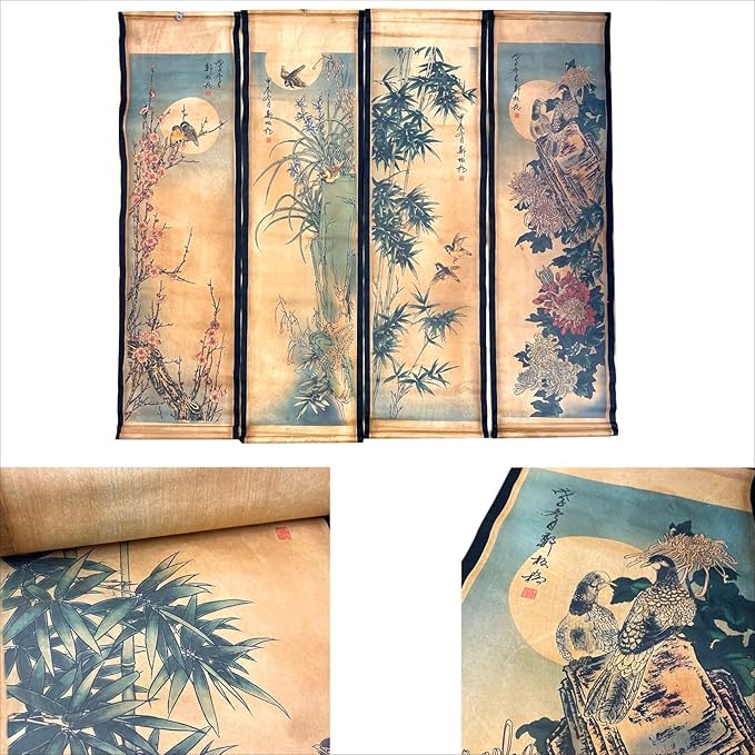 CIFIBIFUN Wall Asia Art Prints Posters Painting Eastern Bird Plants Flower Vintage Style,4 Panels Large Floral Home Walls Foldable Decor (Super Old Aging Paper, A Plants Birds)