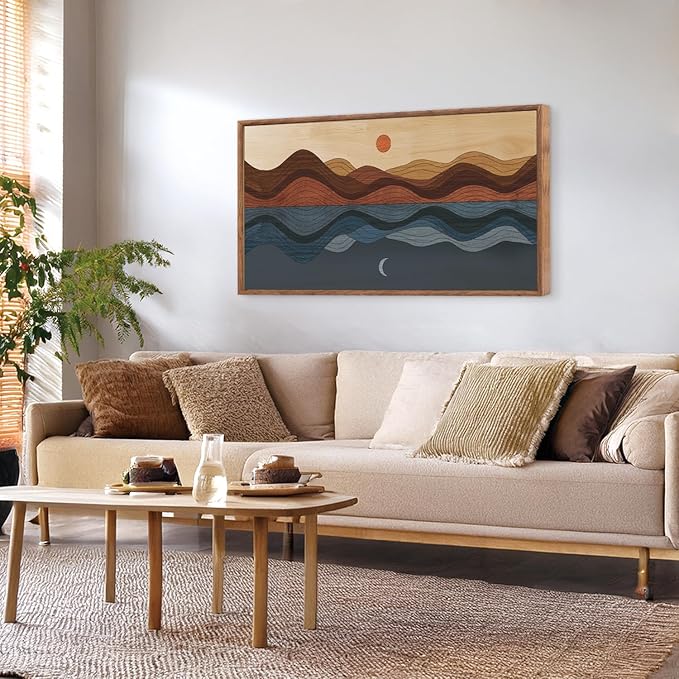 CHDITB Framed Canvas Wall Art For Bedroom, Sun And Moon Long Horizontal Wall Decor, Mid Century Modern Painting, Vintage Abstract Wave Line Poster, Mountain Sea Artwork For Living Room Office 40”X20”