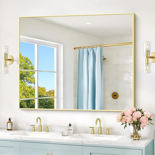 40x48inch Gold Bathroom Mirror, Silver Rectangle Mirror with Frame, Large Rectangular Wall Mirrors for Bathroom, Living Room, Hair Salon, Big Farmhouse Mirror Hang Horizontal/Vertical