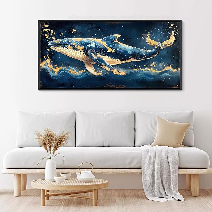 JEAWA Large Framed Canvas Wall Art - 24x48 IN Marine Animal Painting Wall Decor, Blue White Gold Whale Picture, Modern Art Prints for Living Room Bedroom Bathroom Home Decoration