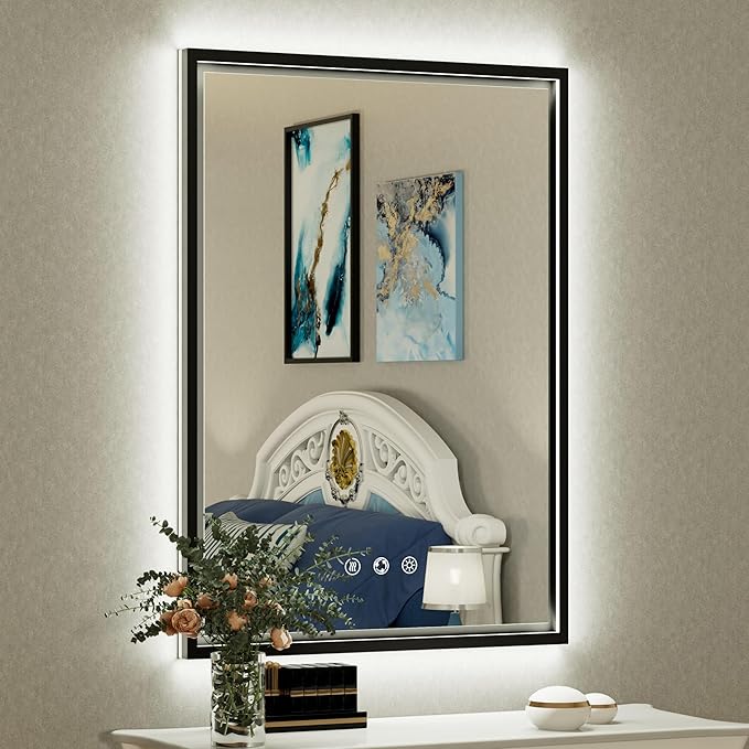 20x28 Inch LED Bathroom Mirror with Front and Back Lighting, 3 Color Temp, Dimmable, Anti-Fog, Black Aluminum Frame Wall Mounted Lighted Bathroom Vanity Mirror