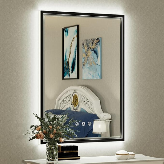 20x28 Inch LED Bathroom Mirror with Front and Back Lighting, 3 Color Temp, Dimmable, Anti-Fog, Black Aluminum Frame Wall Mounted Lighted Bathroom Vanity Mirror