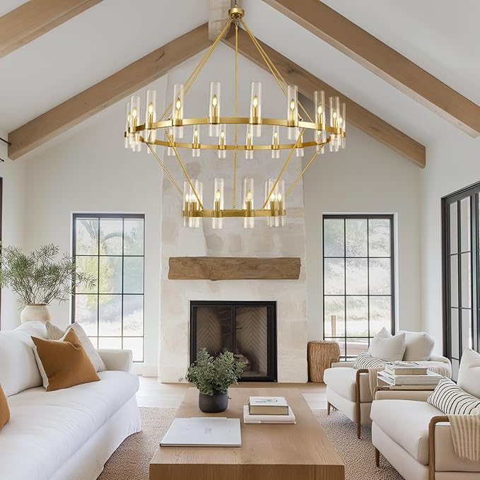 2 Tier Gold Wagon Wheel Chandelier, 60 Inch Farmhouse Chandelier with Glass Tube, 30-Light Large Round Chandeliers for Dining Room, Living Room, Bedroom and Entryway