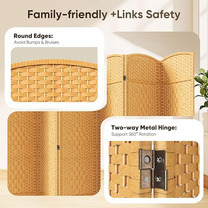 JOSTYLE Room Divider 6ft. Tall Extra Wide Privacy Screen, Folding Privacy Screens with Diamond Double-Weave Room dividers and Freestanding Room Dividers Privacy Screens(Yellow, 8-Panel)