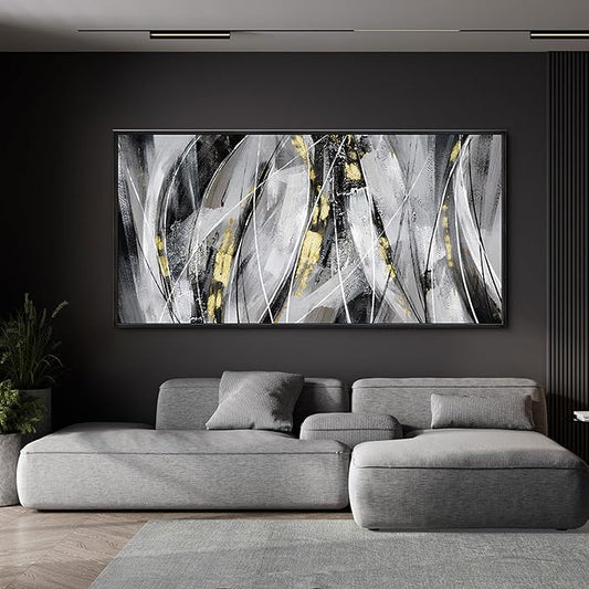 KLAKLA Abstract Frame Wall Art - Black and White Picture for Living Room Black and Gold Framed Artwork Canvas Art Work for Office Home Decor Bedroom Wall Decoration - 58x29 Inches