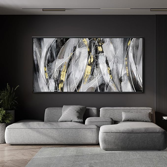 KLAKLA Abstract Frame Wall Art - Black and White Picture for Living Room Black and Gold Framed Artwork Canvas Art Work for Office Home Decor Bedroom Wall Decoration - 48x24 Inches
