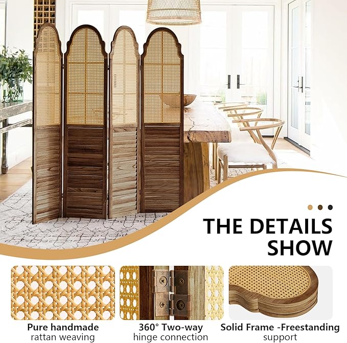 4 Panel Rattan Room Divider, 6 FT Tall Portable Partition Solid Wood Frame Folding Privacy Screen, Partition Room Divider Ideal for Bedroom Living Room Office, Dark Brown