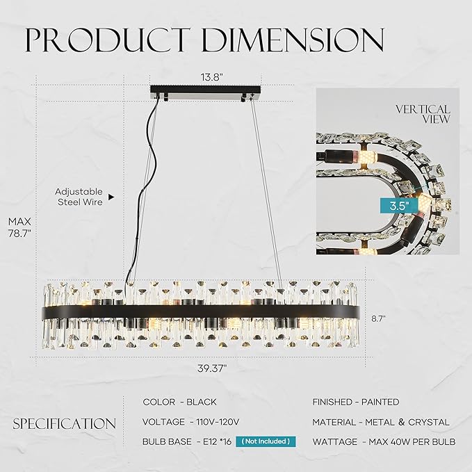 39" Modern Black Rectangle Crystal Chandelier Light Fixtures for Kitchen Island Luxury Linear Crystal Chandeliers for Dining Room 16-Light Long Hanging Pendant Lighting for Entryway Foyer Bar