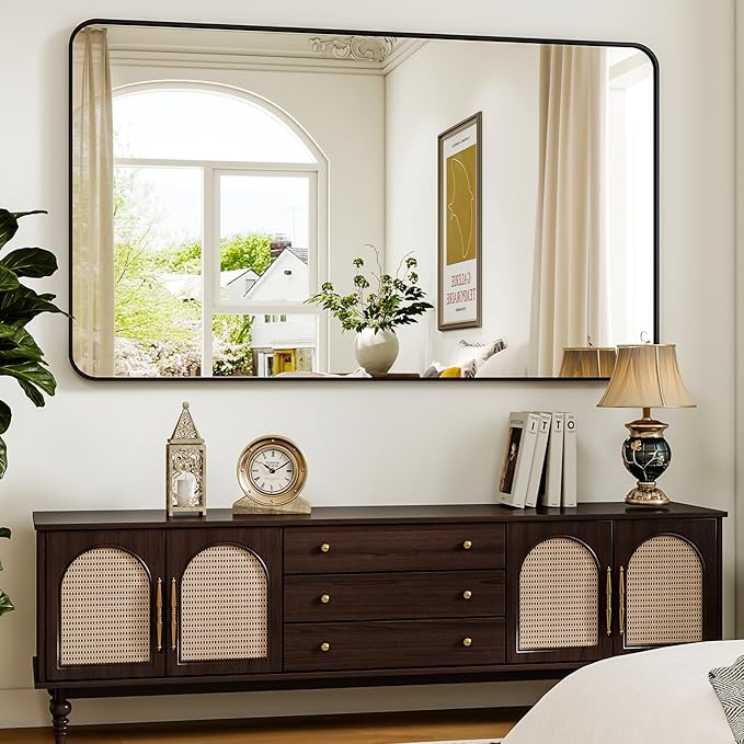 48"x36" Black Bathroom Mirror - Modern Black Mirror for Wall with Rounded Corners, Bathroom Mirrors for Vanity, Aluminum Alloy Framed Mirror Portrait or Landscape Hang, Horizontal or Vertical