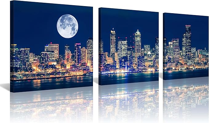 NAN Wind Panoramic Seattle Skyline Night Canvas Art Full Moon Over City Wall Decor 3 Panel Modern Urban Cityscape Print Blue Harbor Illuminated Skyscrapers Living Room Office Bedroom Home Decoration