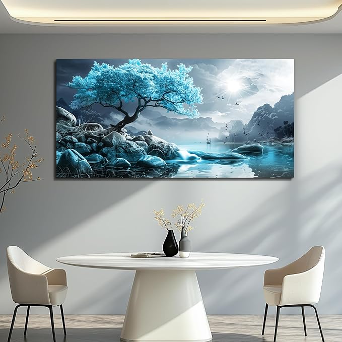 KELIYUAN Canvas Wall Art For Living Room Bedroom Wall Decor Black And White Landscape Pictures Blue Tree Wall Painting Modern Home Decoration For Room Office Works Framed Canvas Art Prints 20x40in