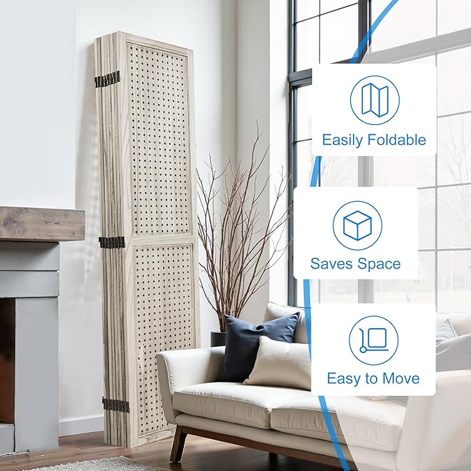 2 PCS Room Dividers 8 Panel Pegboard Display 5.6FT Wood PegBoard Room Divider,Folding Privacy Screens Portable Freestanding Partition Wall Divider for Art Shows & Room Separation, Natural Wood