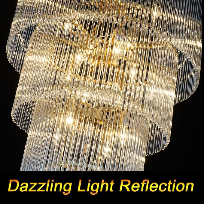 Large Chandelier for High Ceiling 5-Tier Long Brass Crystal Glass Chandelier Modern Chandelier Hanging Pendant Light Fixture for Entry Stairway Staircase Hall Foyer Living Room H49