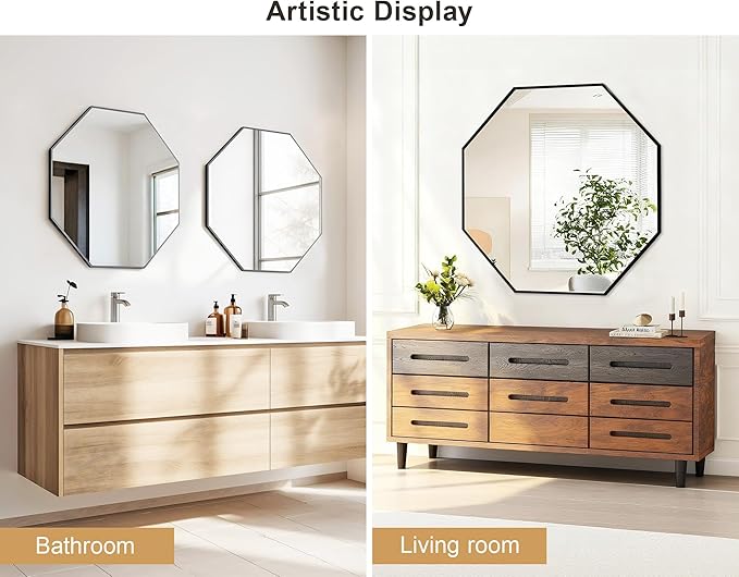 Octagon Mirror for Wall 24 Inch Black Metal Frame, Glassless Bathroom Mirrors for Over Sink, No Drill Adhesive Wall Decor for Entryway Vanity Living Room Dining Room Bedroom