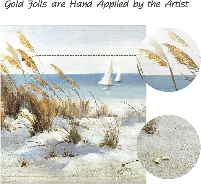 Beach Framed Wooden Wall Art: Coastal Oil Painting Style 40"x20" Ocean Pictures Seascape Art Prints Sand Dunes & Sailboat Artwork for Office