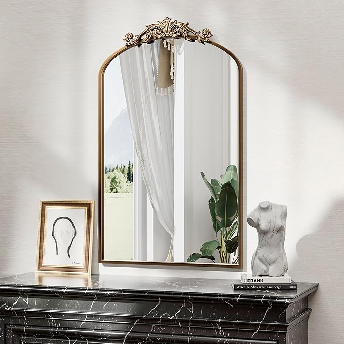 Antique Arched Wall Mirror, 24"x36" Vintage Gold Bathroom Mirror - Baroque Metal Frame Brass Mirror for Living Room, Bathroom, Fireplace, Entryway, Bronze