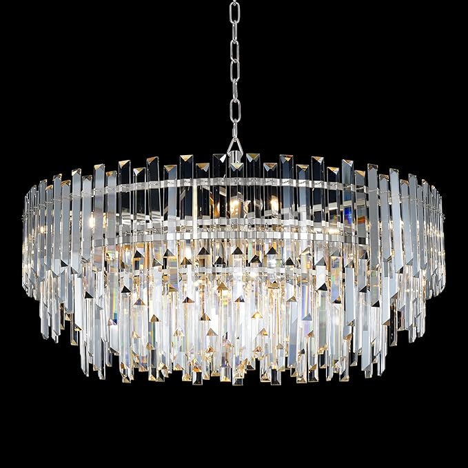 31.5" Modern Crystal Chandelier, 3-Tier Chrome Pendant Light with 13 Lights, Luxury K9 Crystal Ceiling Fixture for Dining Room Living Room Foyer